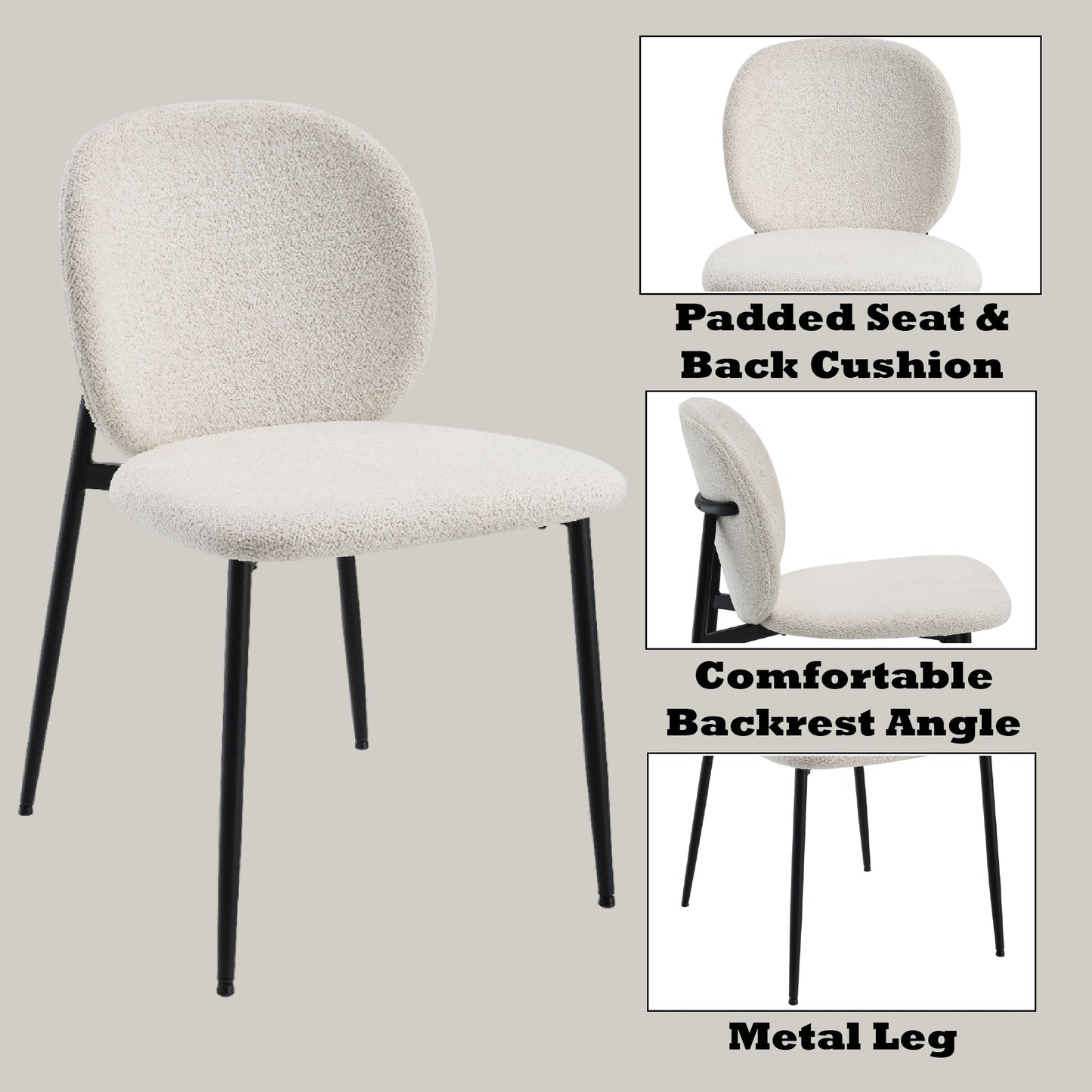 White Boucle Dining Chair with Padded Seat and Metal Legs - 1st Choice Furniture Direct