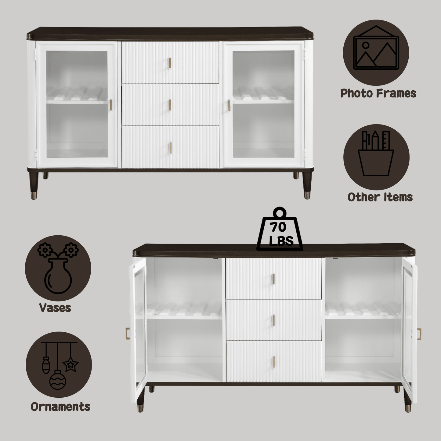 White & Brown Dining Server with Glass Doors - 1st Choice Furniture Direct