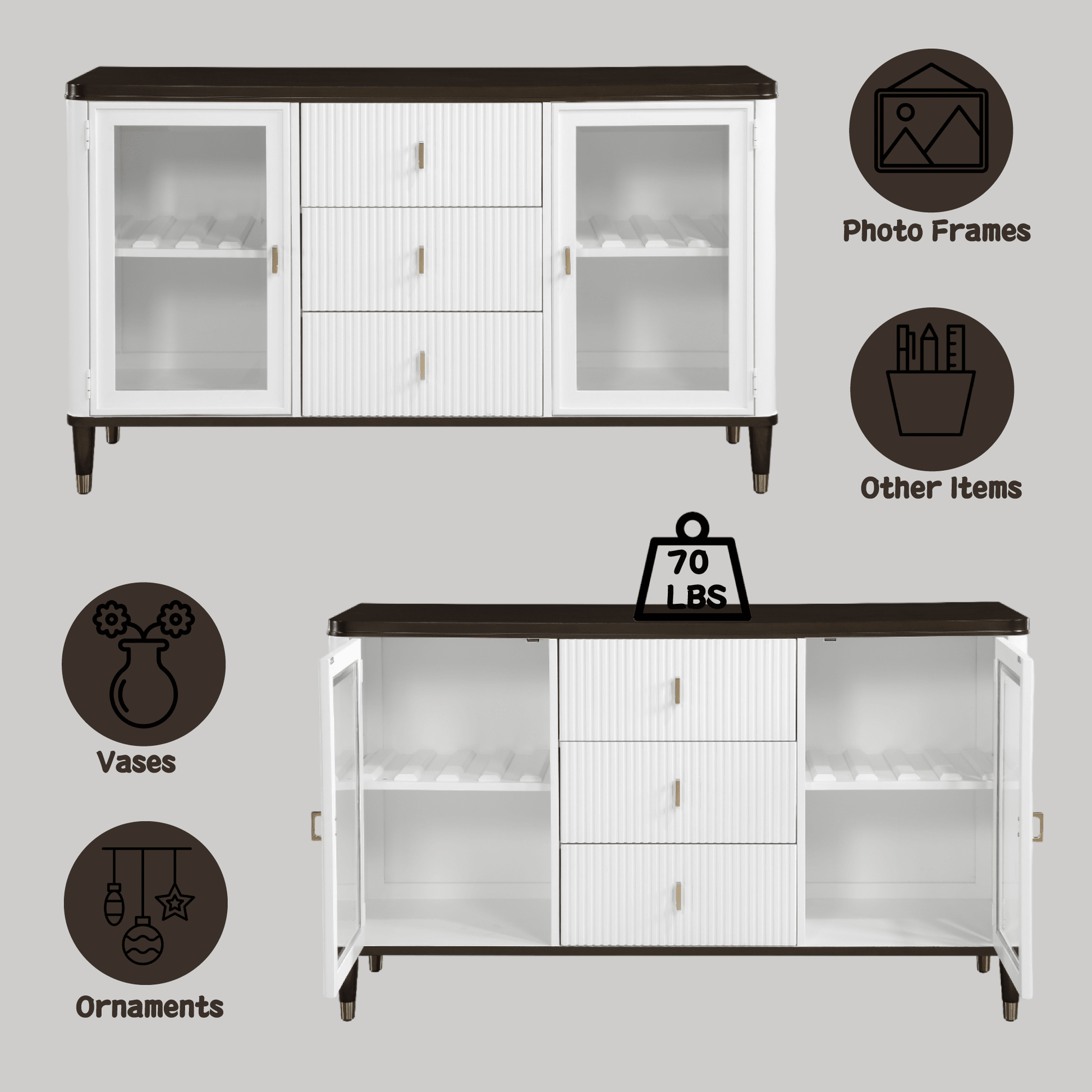 White & Brown Dining Server with Glass Doors - 1st Choice Furniture Direct