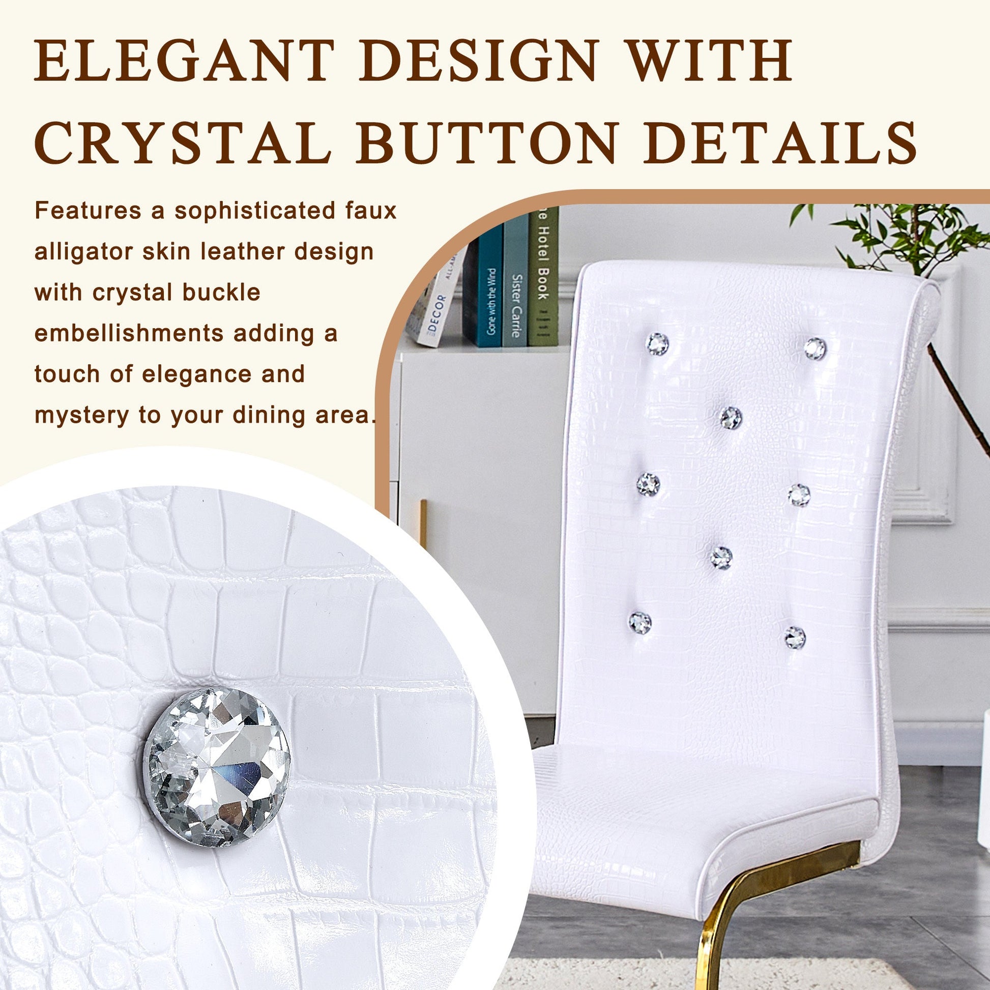 White Dining Chairs Set of 2 – Faux Alligator Leather Chairs with Gold Metal Legs - 1st Choice Furniture Direct