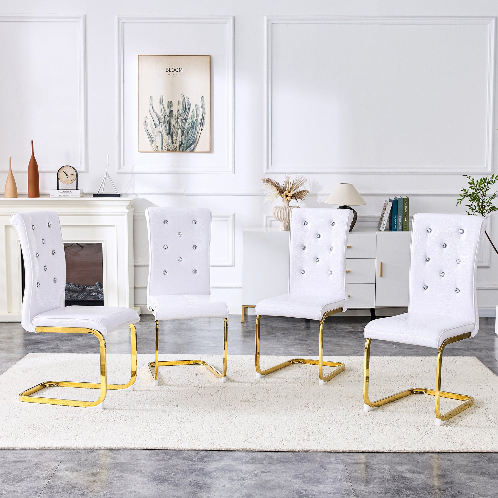 White Dining Chairs Set of 2 – Faux Alligator Leather Chairs with Gold Metal Legs - 1st Choice Furniture Direct