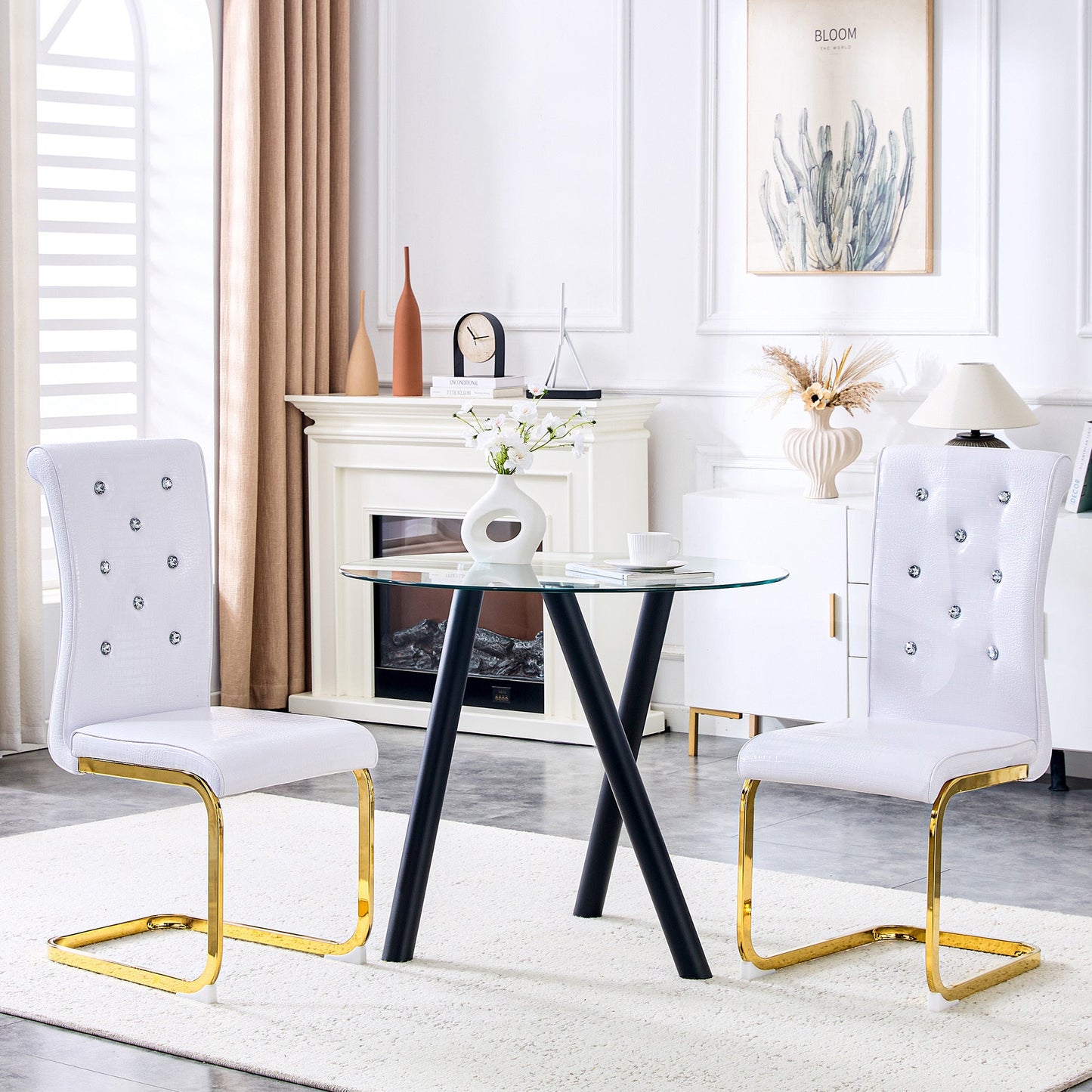 White Dining Chairs Set of 2 – Faux Alligator Leather Chairs with Gold Metal Legs - 1st Choice Furniture Direct