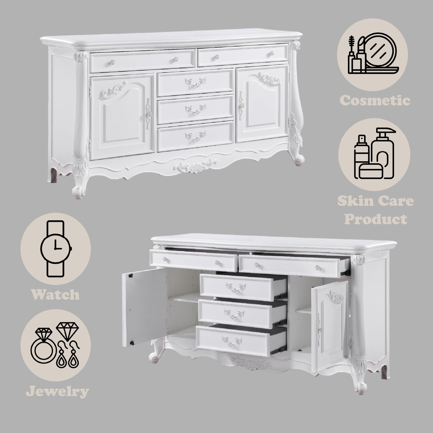 White Dresser with Drawers & Open Storage Shelf - 1st Choice Furniture Direct