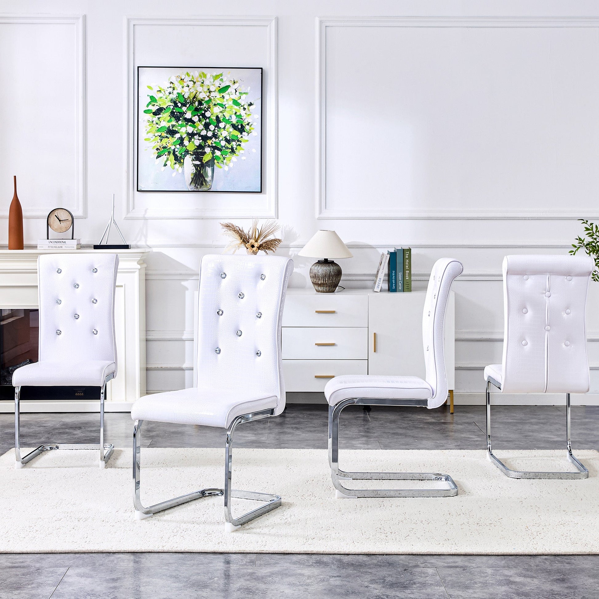 White Faux Alligator Dining Chair Set of 2 with Crystal Accents - 1st Choice Furniture Direct