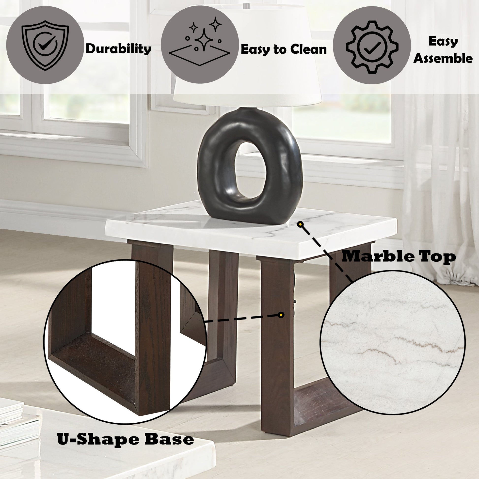 White Marble Top End Table with Double U-Shaped Base - 1st Choice Furniture Direct
