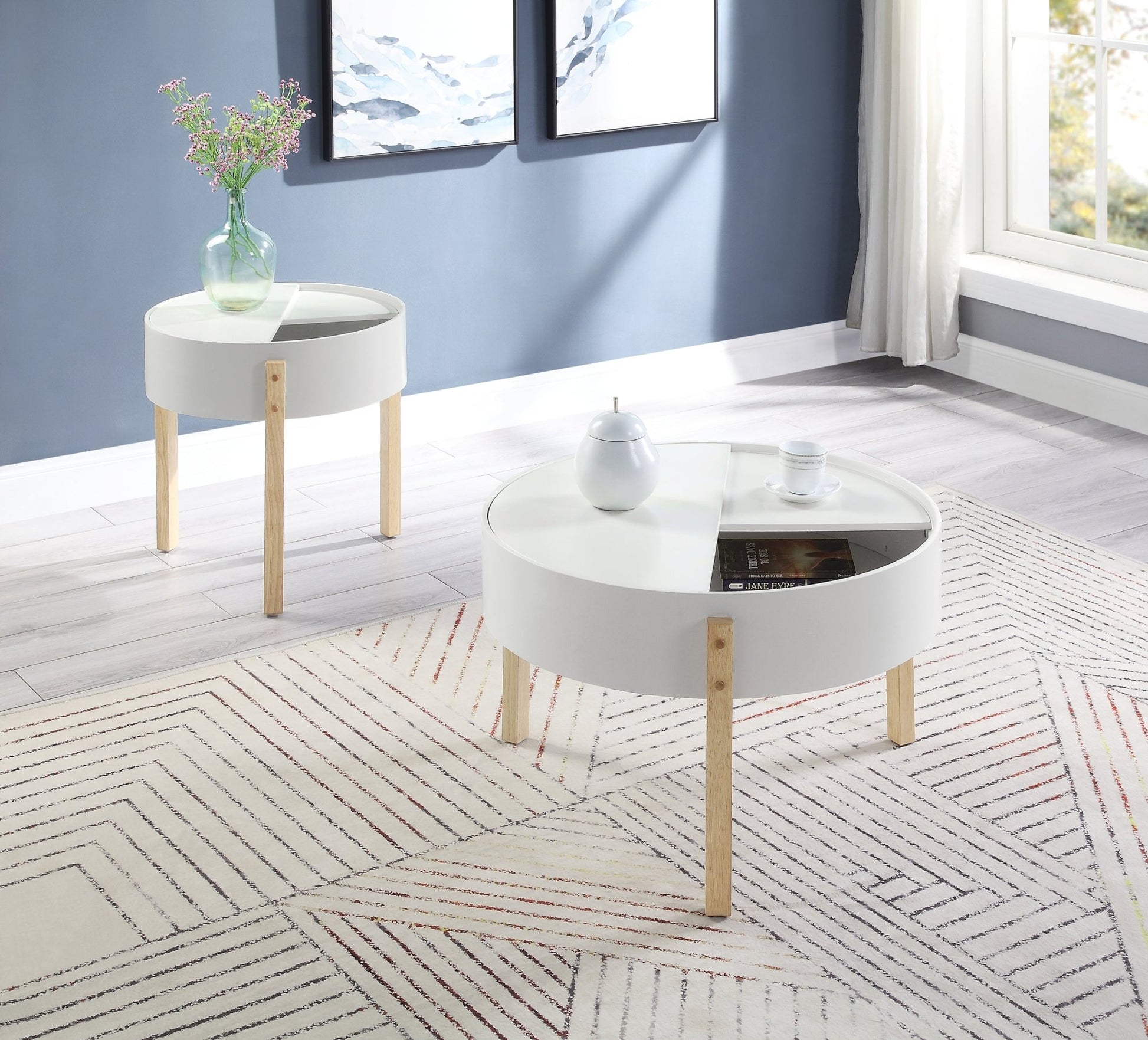 White & Natural Round Coffee Table Set with Hidden Storage - 1st Choice Furniture Direct