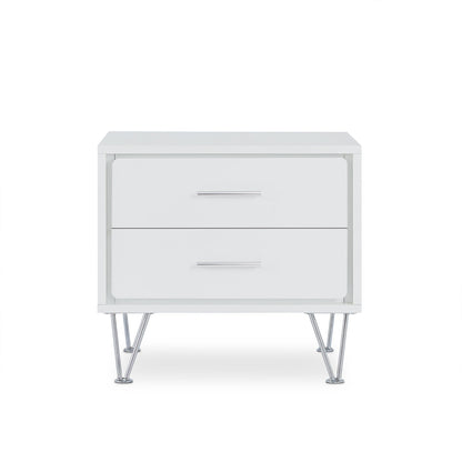 White Nightstand with 2 Drawers and Chrome V-Shaped Legs - 1st Choice Furniture Direct