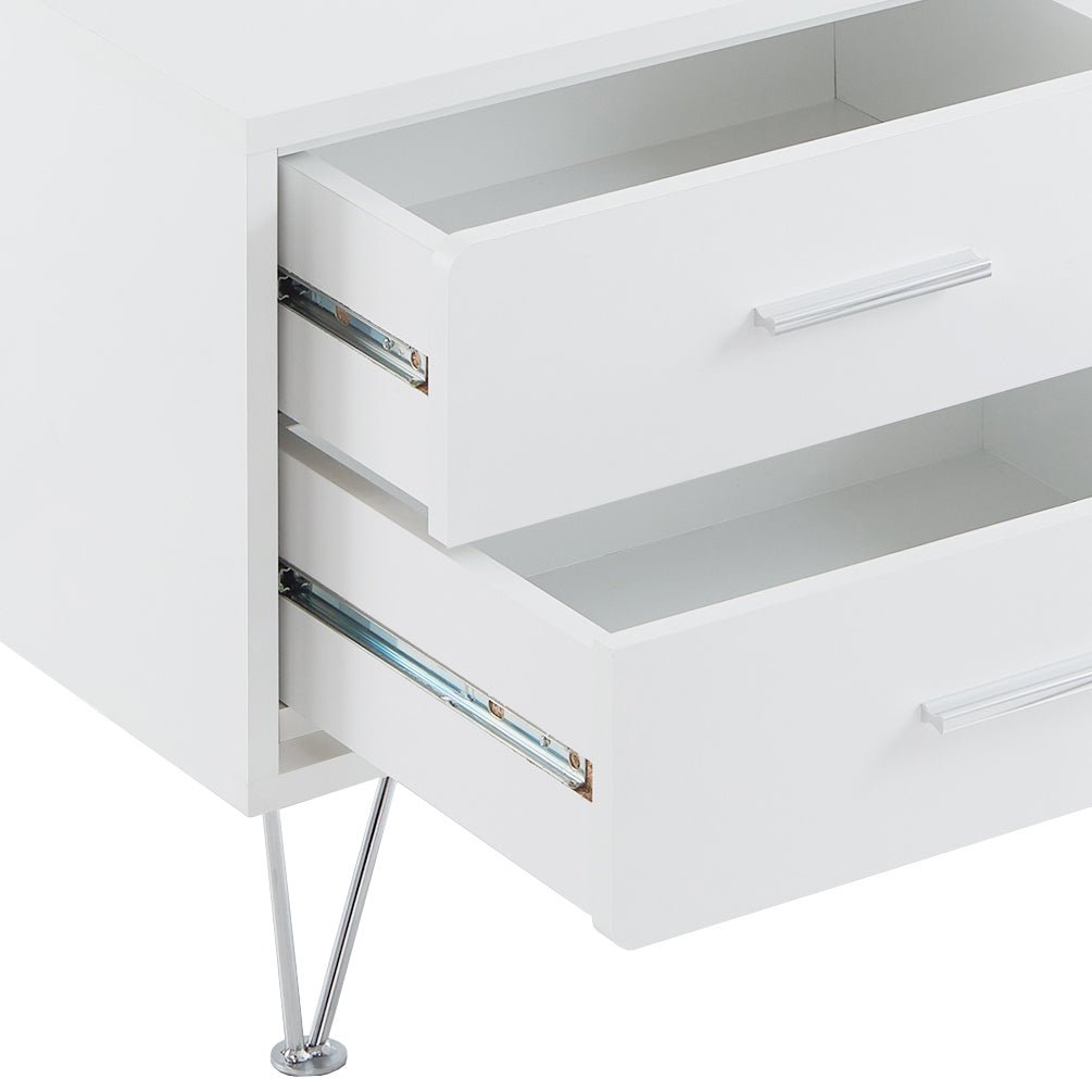 White Nightstand with 2 Drawers and Chrome V-Shaped Legs - 1st Choice Furniture Direct