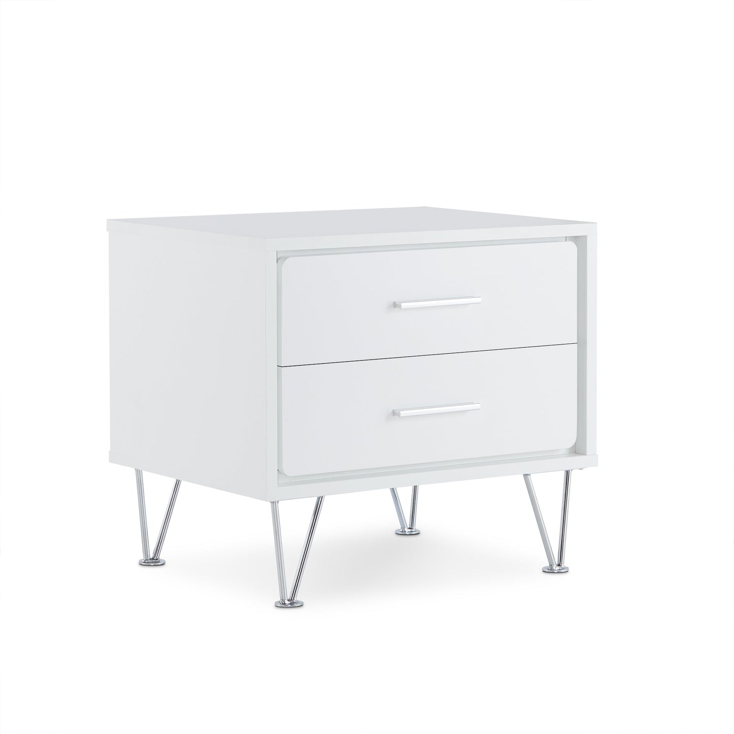 White Nightstand with 2 Drawers and Chrome V-Shaped Legs - 1st Choice Furniture Direct
