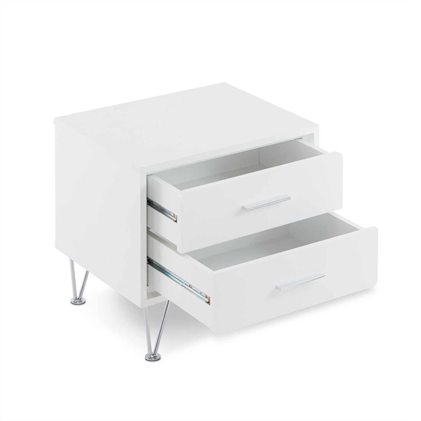 White Nightstand with 2 Drawers and Chrome V-Shaped Legs - 1st Choice Furniture Direct