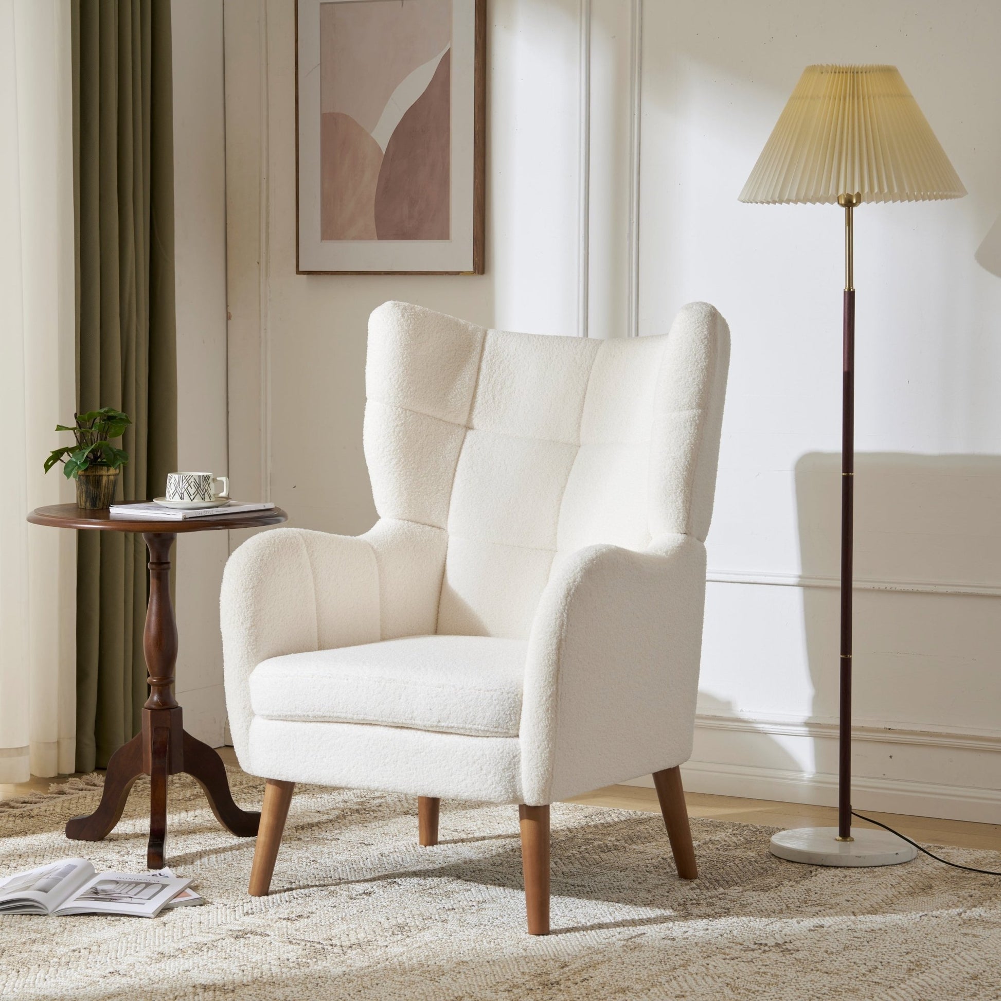 White Teddy Fabric Accent Chair with Birch Wood Legs, 41' High - Back Upholstered Lounge Chair, Comfortable Living Room Seating - 1st Choice Furniture Direct