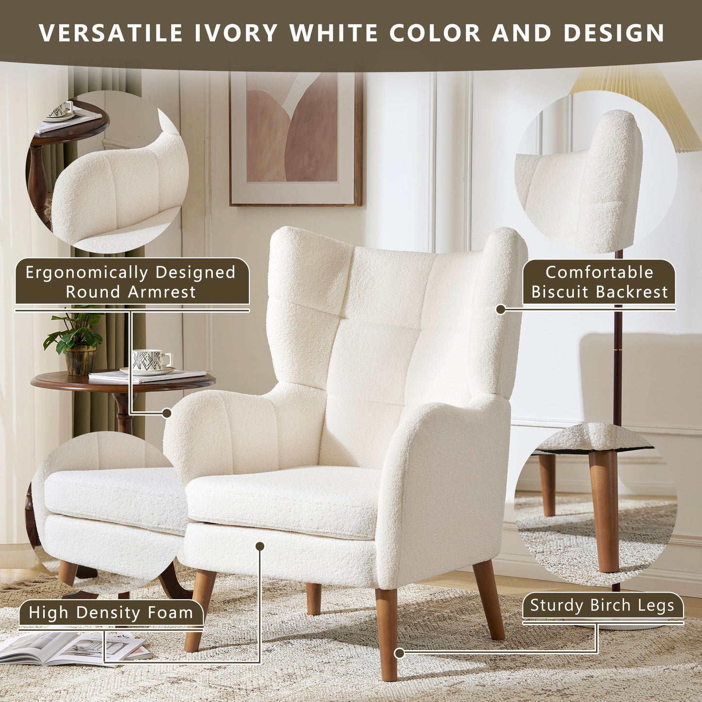 White Teddy Fabric Accent Chair with Birch Wood Legs, 41' High-Back Upholstered Lounge Chair, Comfortable Living Room Seating - 1st Choice Furniture Direct