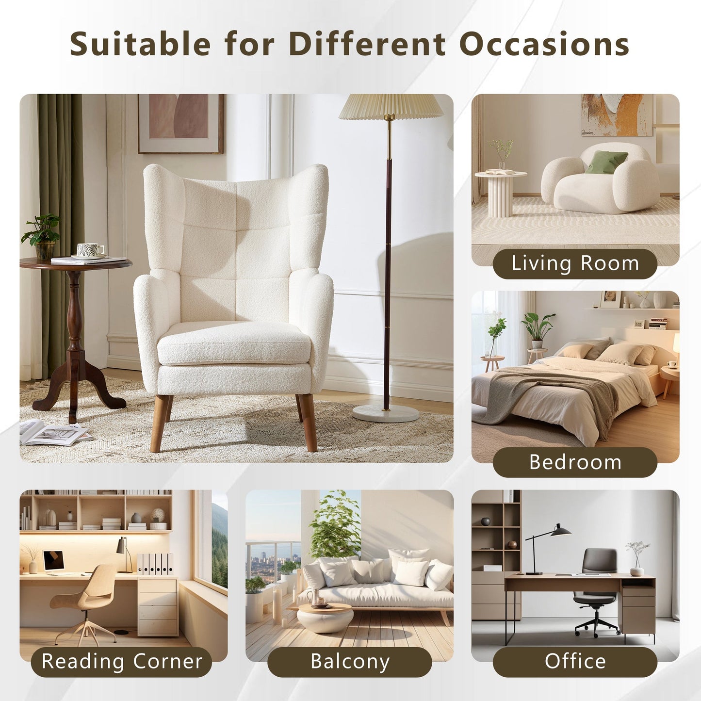 White Teddy Fabric Accent Chair with Birch Wood Legs, 41' High-Back Upholstered Lounge Chair, Comfortable Living Room Seating - 1st Choice Furniture Direct