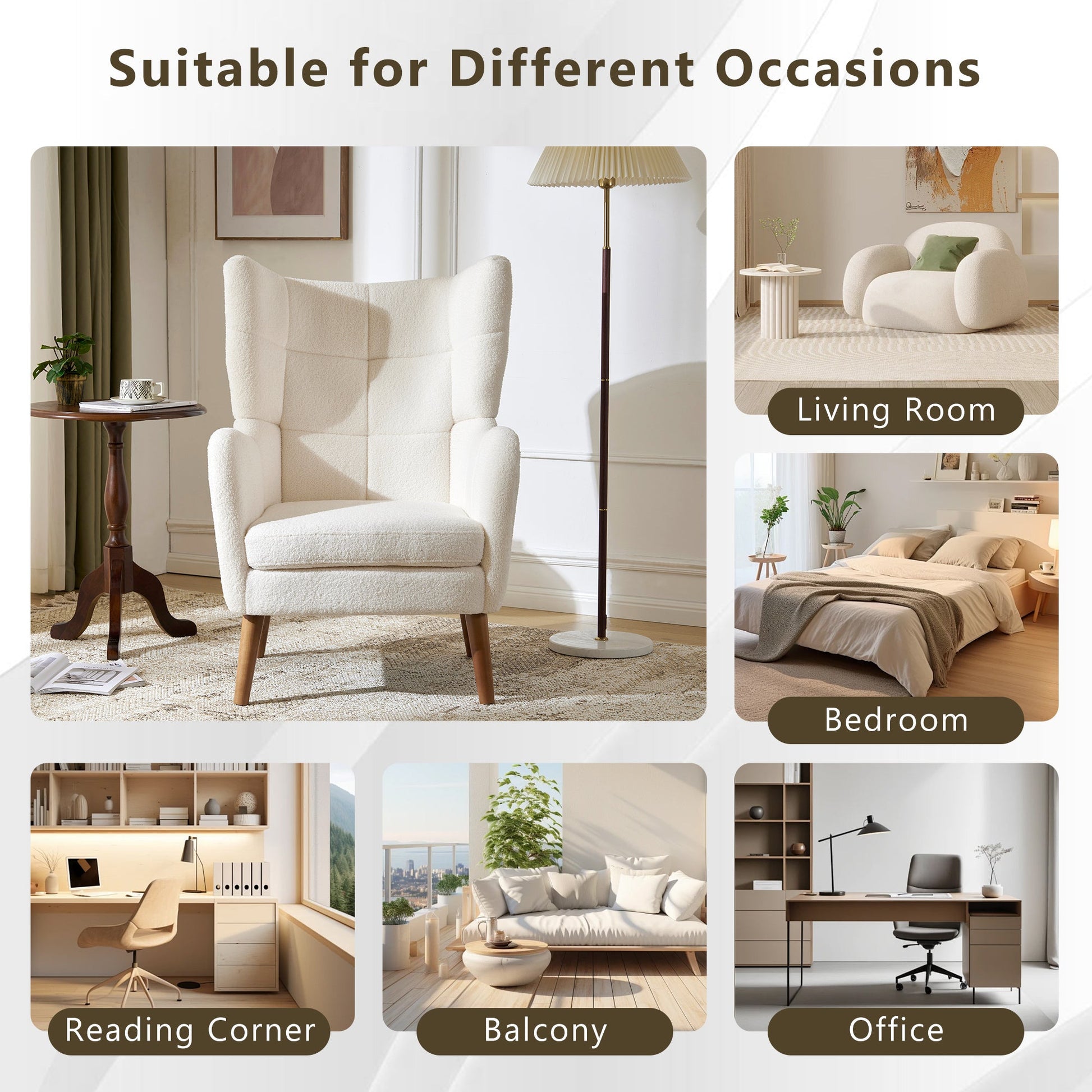 White Teddy Fabric Accent Chair with Birch Wood Legs, 41' High - Back Upholstered Lounge Chair, Comfortable Living Room Seating - 1st Choice Furniture Direct