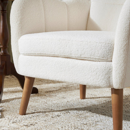 White Teddy Fabric Accent Chair with Birch Wood Legs, 41' High - Back Upholstered Lounge Chair, Comfortable Living Room Seating - 1st Choice Furniture Direct