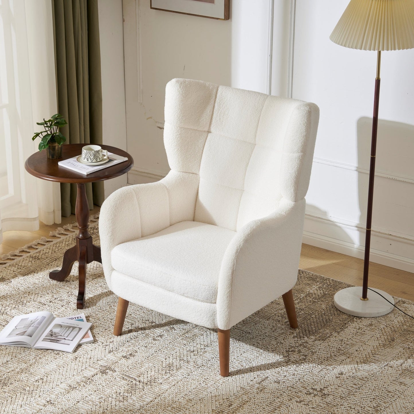 White Teddy Fabric Accent Chair with Birch Wood Legs, 41' High-Back Upholstered Lounge Chair, Comfortable Living Room Seating - 1st Choice Furniture Direct