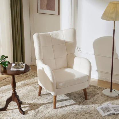 White Teddy Fabric Accent Chair with Birch Wood Legs, 41' High-Back Upholstered Lounge Chair, Comfortable Living Room Seating - 1st Choice Furniture Direct