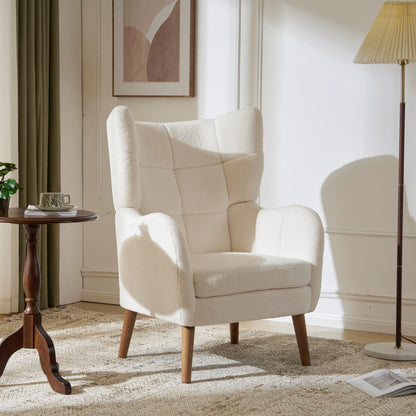 White Teddy Fabric Accent Chair with Birch Wood Legs, 41' High - Back Upholstered Lounge Chair, Comfortable Living Room Seating - 1st Choice Furniture Direct