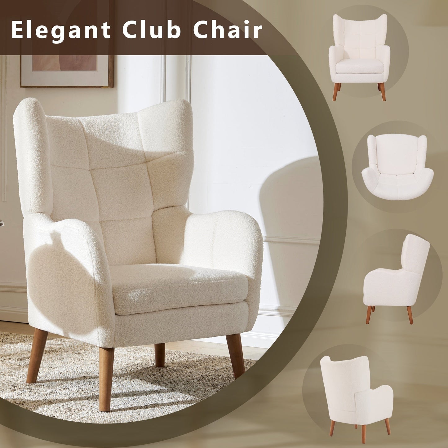 White Teddy Fabric Accent Chair with Birch Wood Legs, 41' High-Back Upholstered Lounge Chair, Comfortable Living Room Seating - 1st Choice Furniture Direct