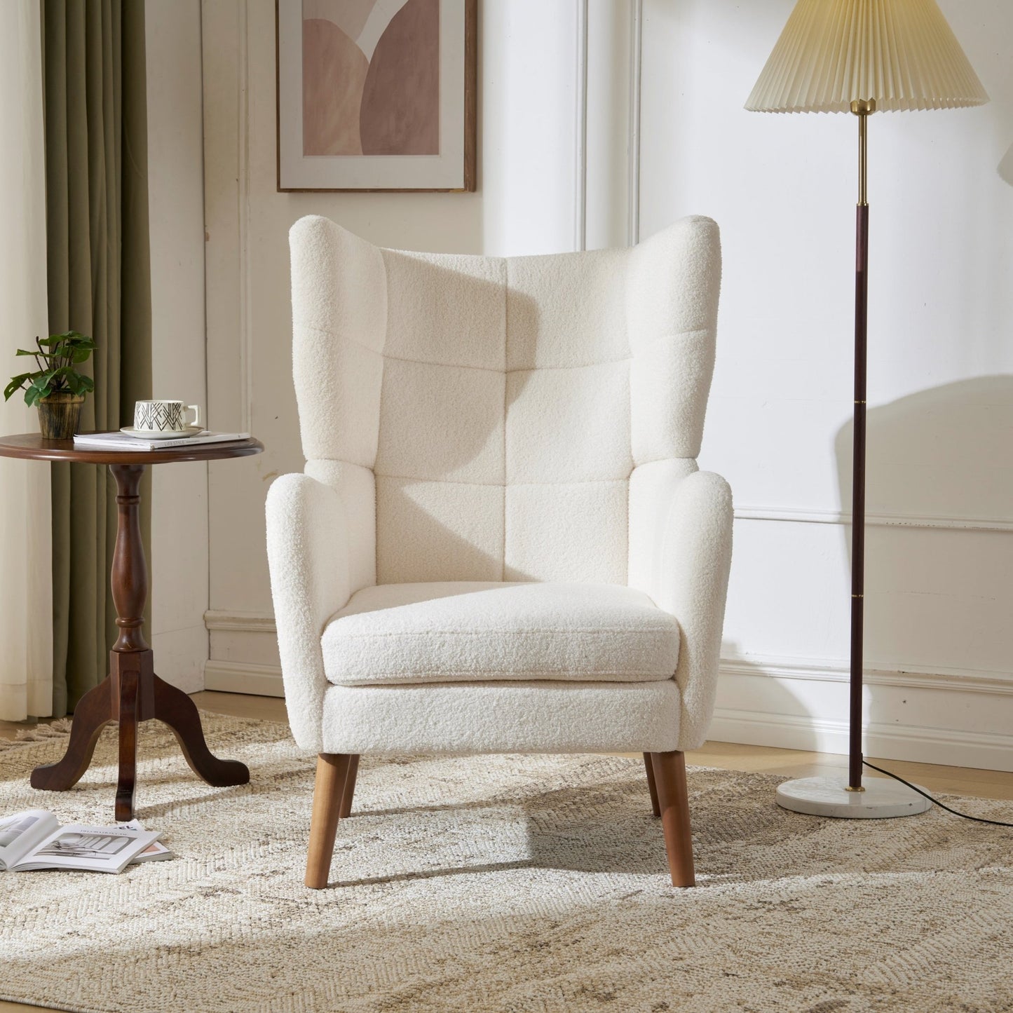 White Teddy Fabric Accent Chair with Birch Wood Legs, 41' High - Back Upholstered Lounge Chair, Comfortable Living Room Seating - 1st Choice Furniture Direct