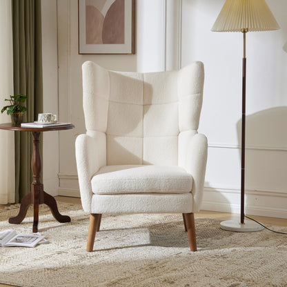 White Teddy Fabric Accent Chair with Birch Wood Legs, 41' High - Back Upholstered Lounge Chair, Comfortable Living Room Seating - 1st Choice Furniture Direct