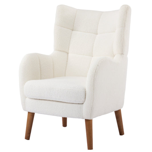White Teddy Fabric Accent Chair with Birch Wood Legs, 41' High - Back Upholstered Lounge Chair, Comfortable Living Room Seating - 1st Choice Furniture Direct