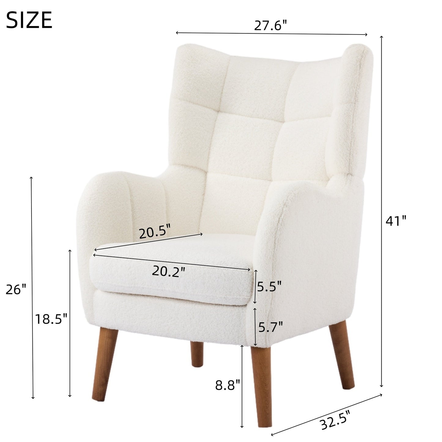 White Teddy Fabric Accent Chair with Birch Wood Legs, 41' High - Back Upholstered Lounge Chair, Comfortable Living Room Seating - 1st Choice Furniture Direct