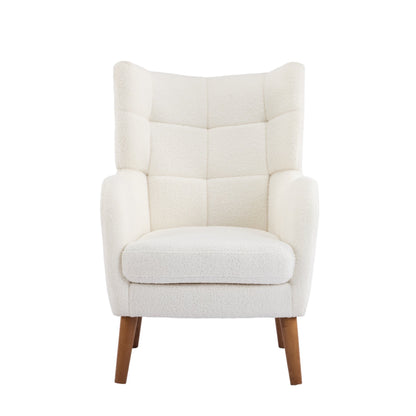 White Teddy Fabric Accent Chair with Birch Wood Legs, 41' High - Back Upholstered Lounge Chair, Comfortable Living Room Seating - 1st Choice Furniture Direct