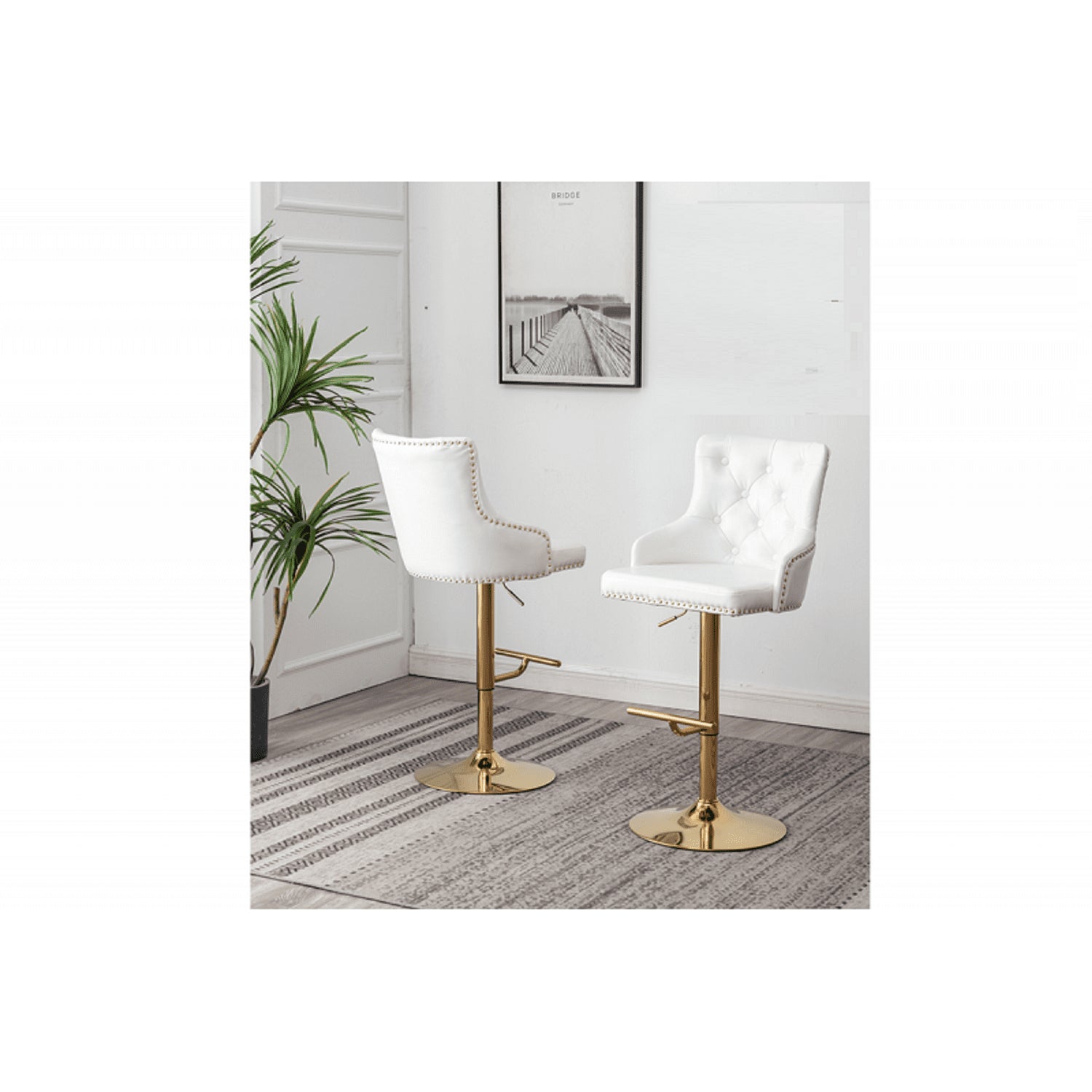 White Velvet Swivel Bar Stools Set of 2 – Gold Adjustable Glam Bar Chairs - 1st Choice Furniture Direct