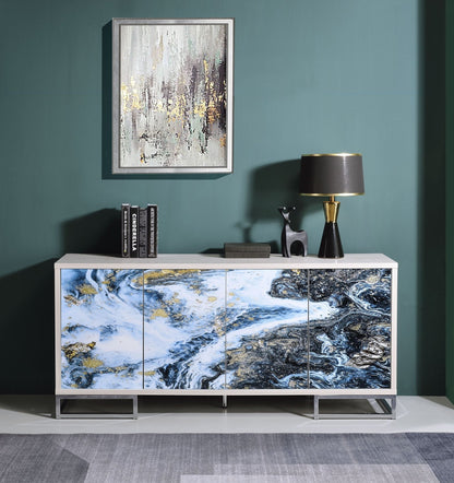 White Washed Oak 4 Door Storage Cabinet with Blue & Gold Marble Fronts - 1st Choice Furniture Direct