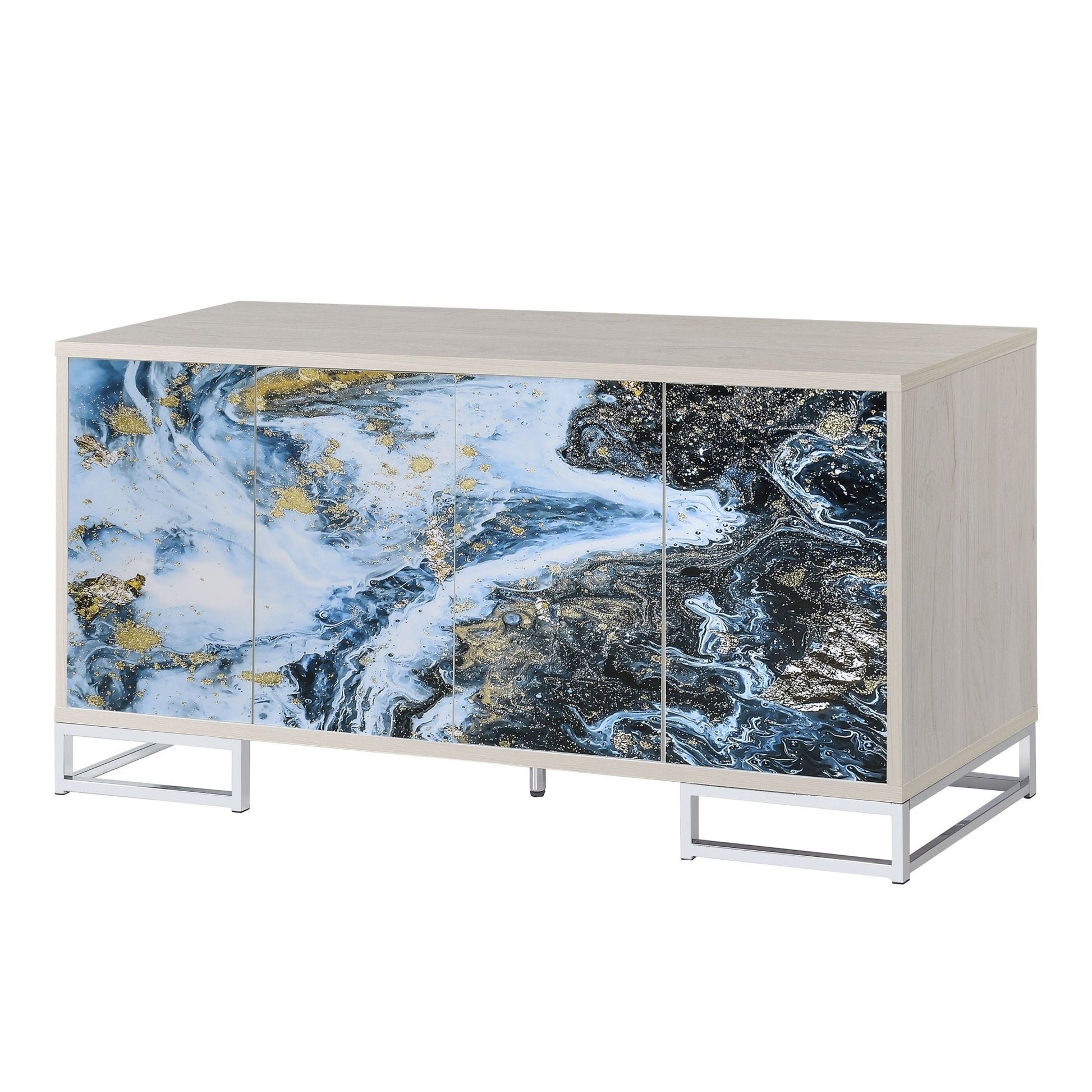 White Washed Oak 4 Door Storage Cabinet with Blue & Gold Marble Fronts - 1st Choice Furniture Direct
