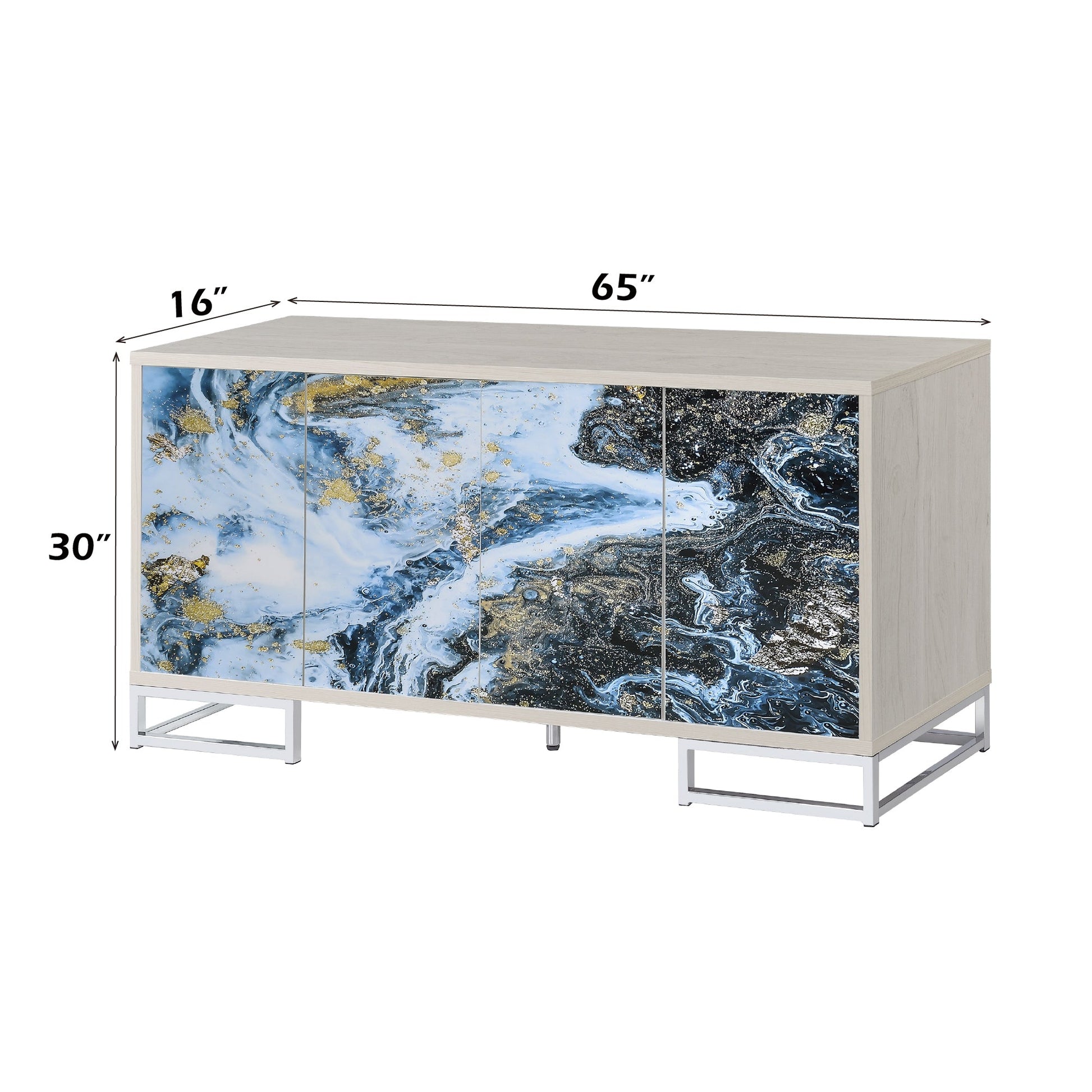 White Washed Oak 4 Door Storage Cabinet with Blue & Gold Marble Fronts - 1st Choice Furniture Direct