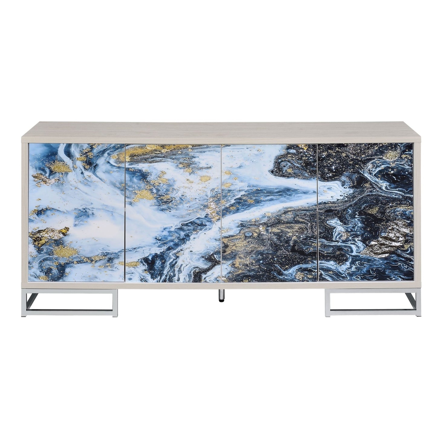 White Washed Oak 4 Door Storage Cabinet with Blue & Gold Marble Fronts - 1st Choice Furniture Direct
