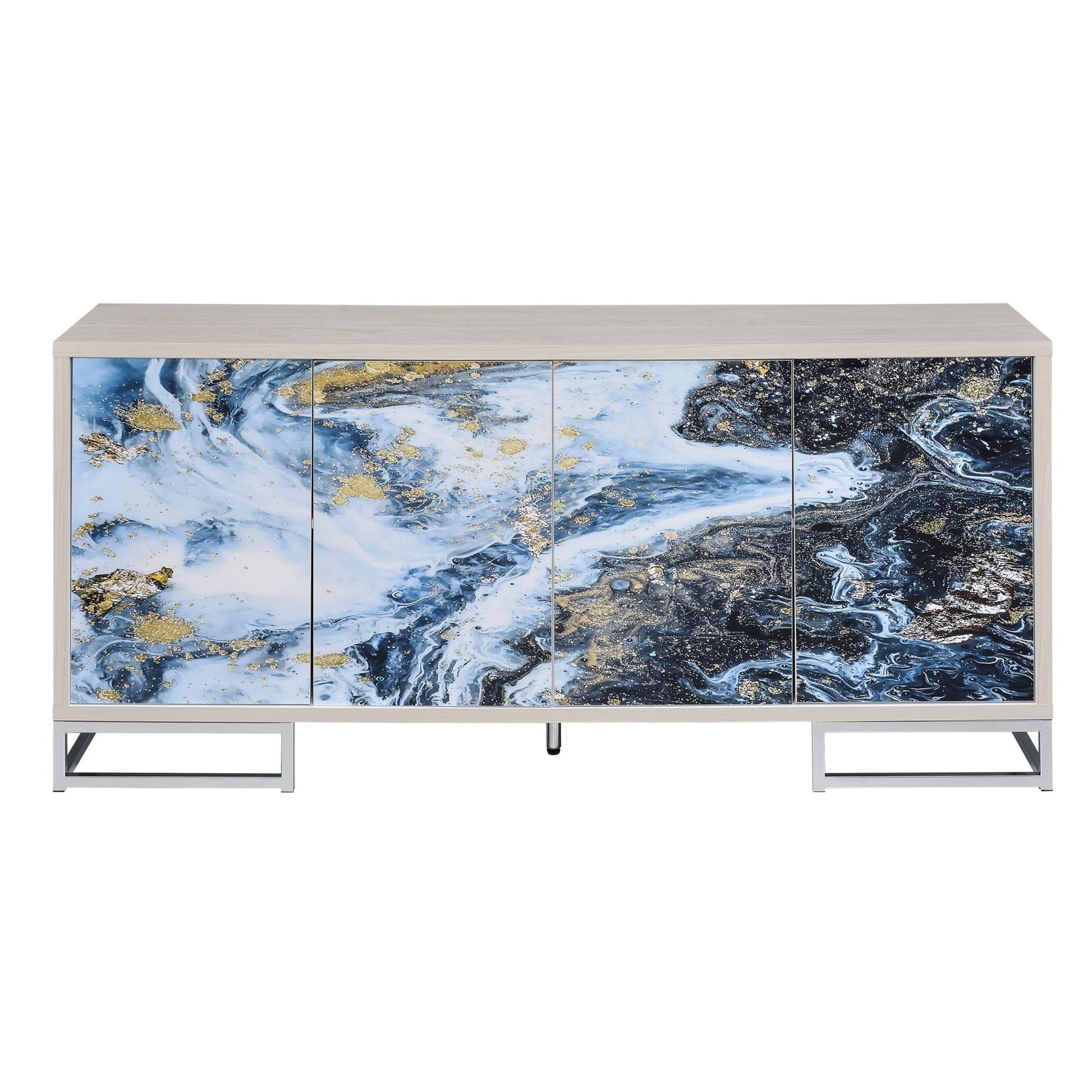 White Washed Oak 4 Door Storage Cabinet with Blue & Gold Marble Fronts - 1st Choice Furniture Direct