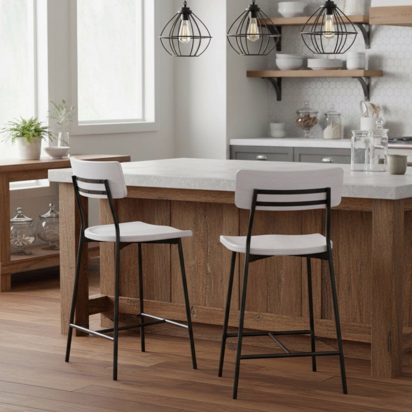 White Washed Wood & Metal Counter Stool | Modern Farmhouse Bar Chair with Backrest - 1st Choice Furniture Direct