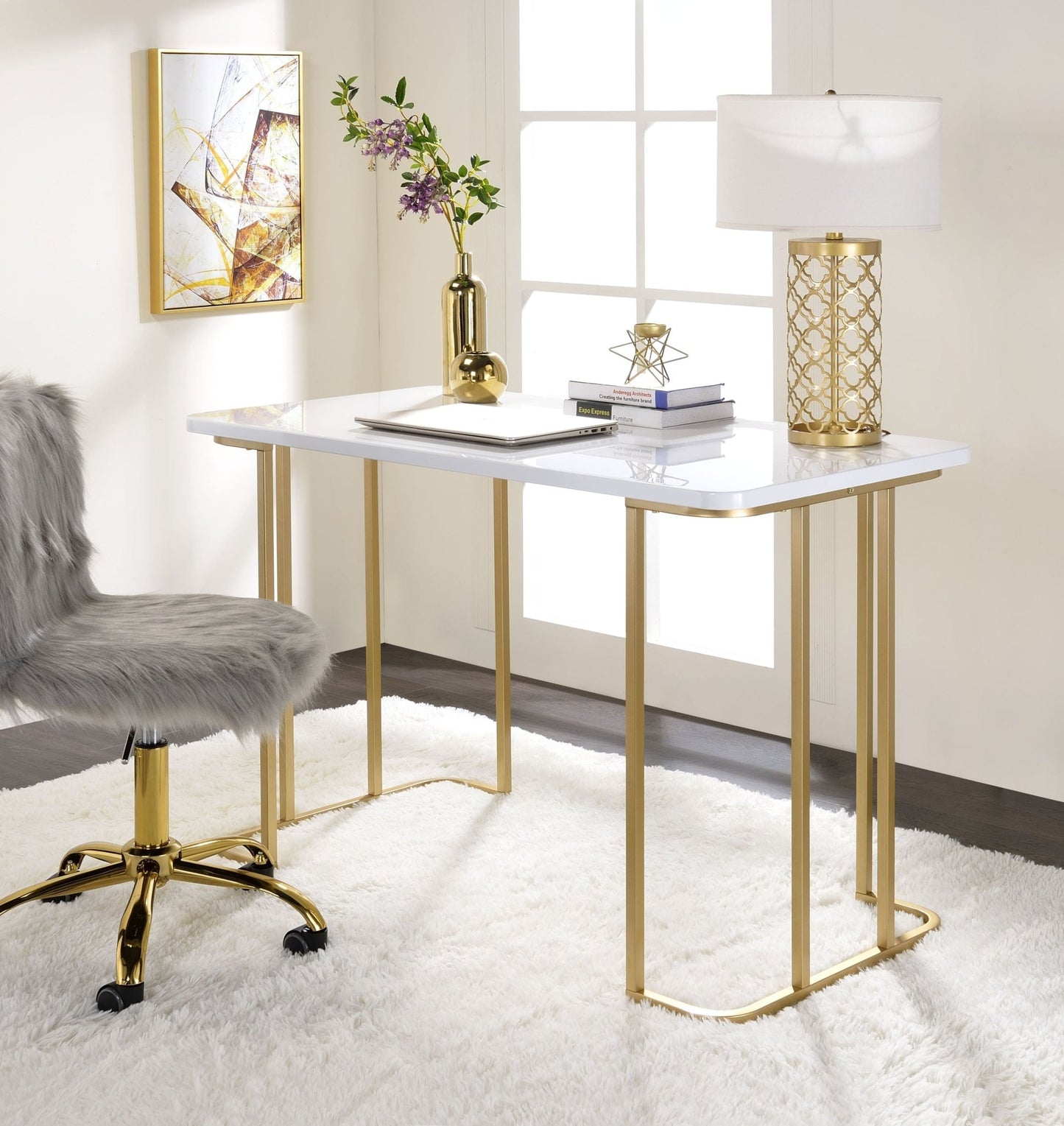 White Writing Desk with Gold Metal Frame for Home Office - 1st Choice Furniture Direct