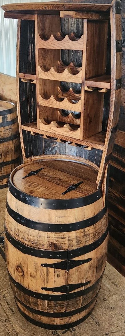 William Sheppee 12 Bottle Barrel Hutch with Shelf & 14 Glass Capacity - 1st Choice Furniture Direct