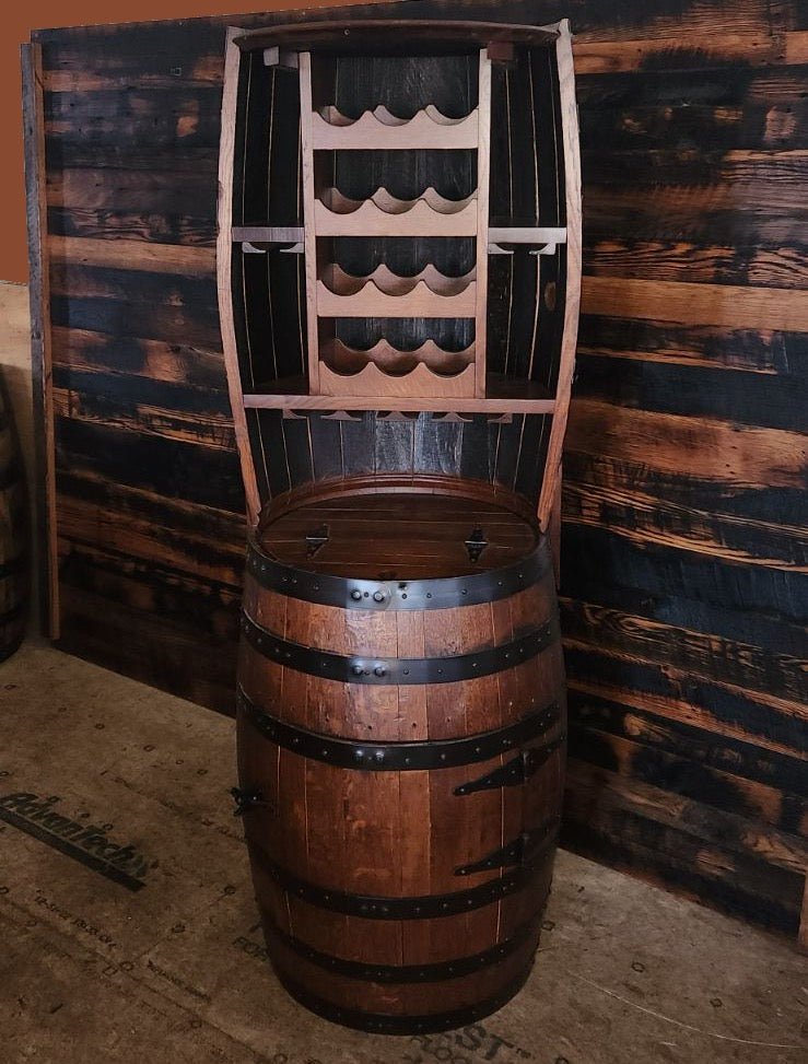 William Sheppee 12 Bottle Barrel Hutch with Shelf & 14 Glass Capacity - 1st Choice Furniture Direct