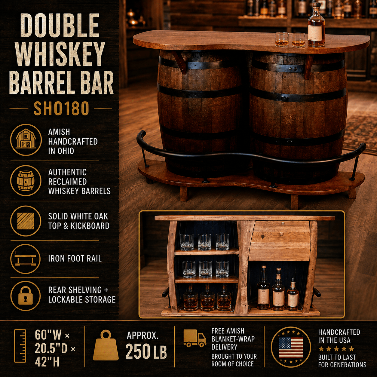 William Sheppee Amish Double Whiskey Barrel Bar – SHO180 - 1st Choice Furniture Direct