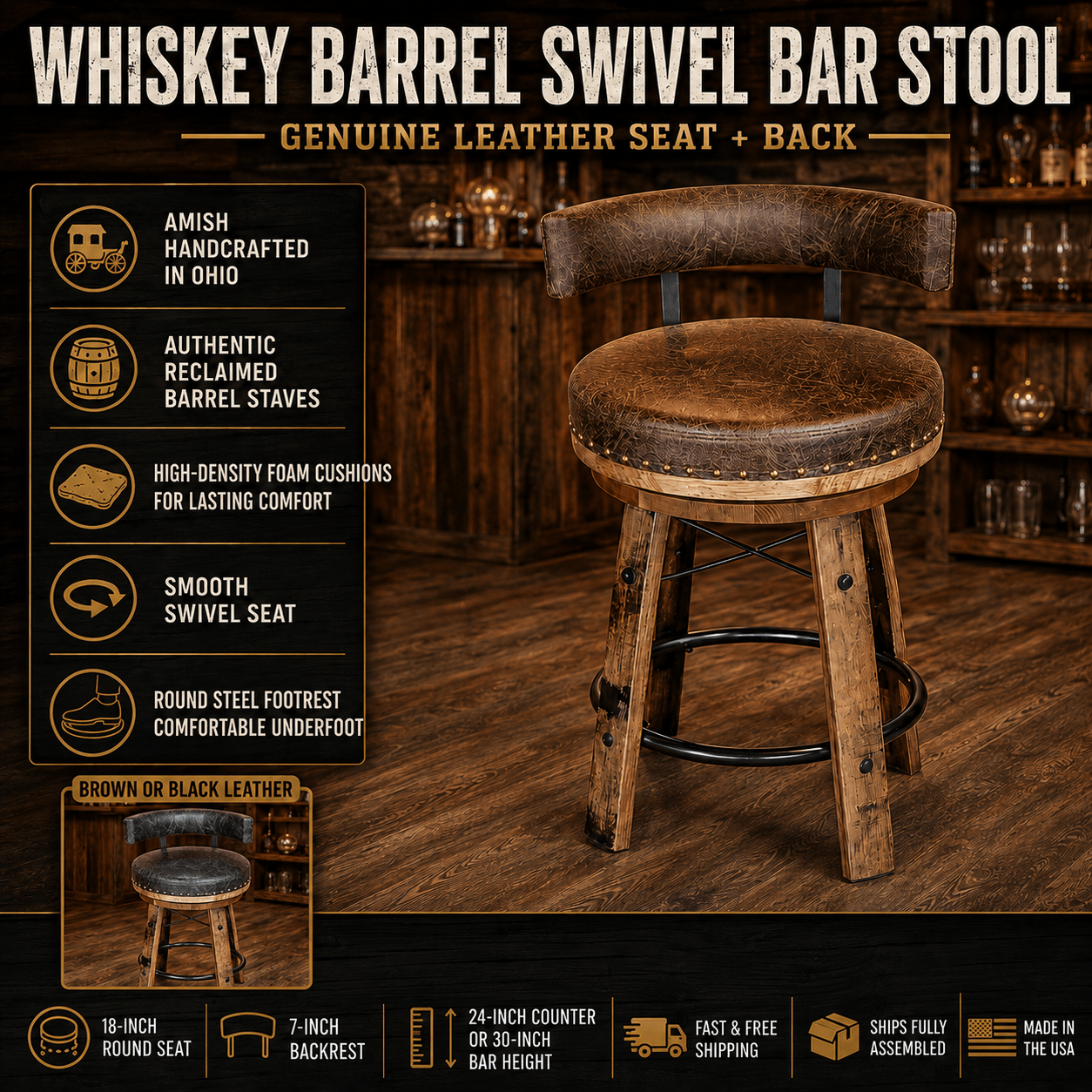 William Sheppee Amish Whiskey Barrel Swivel Bar Stool with Back - 1st Choice Furniture Direct