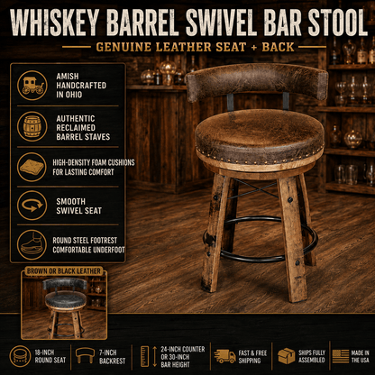 William Sheppee Amish Whiskey Barrel Swivel Bar Stool with Back - 1st Choice Furniture Direct