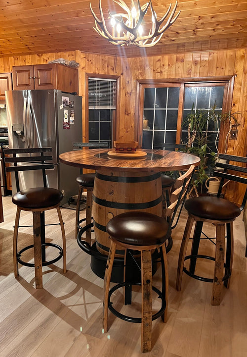 WILLIAM Sheppee USA Shooter's Bar Whiskey Barrel 42" Bar Height Comes with 5 Leather Barstools