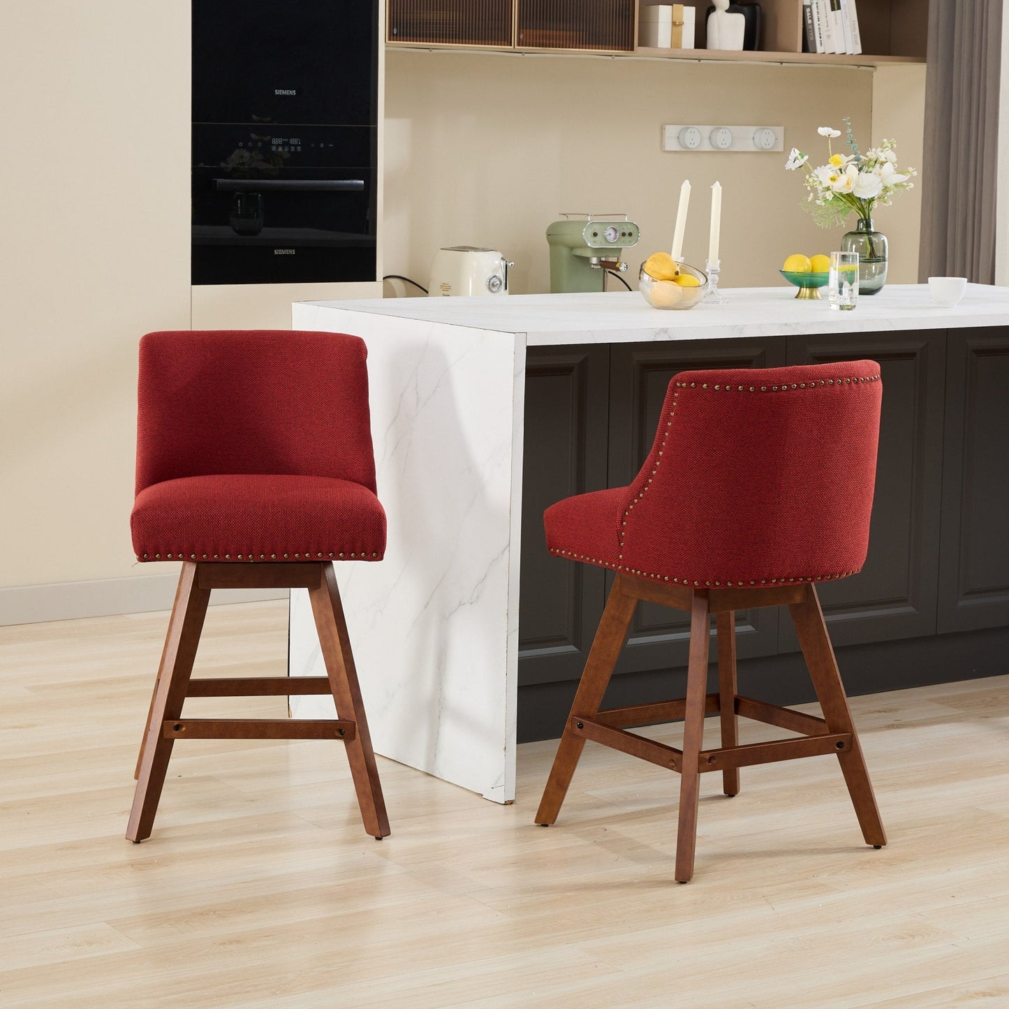 Wine Red Swivel Bar Stools Set of 2 | 26” Upholstered Counter Height Chairs - 1st Choice Furniture Direct