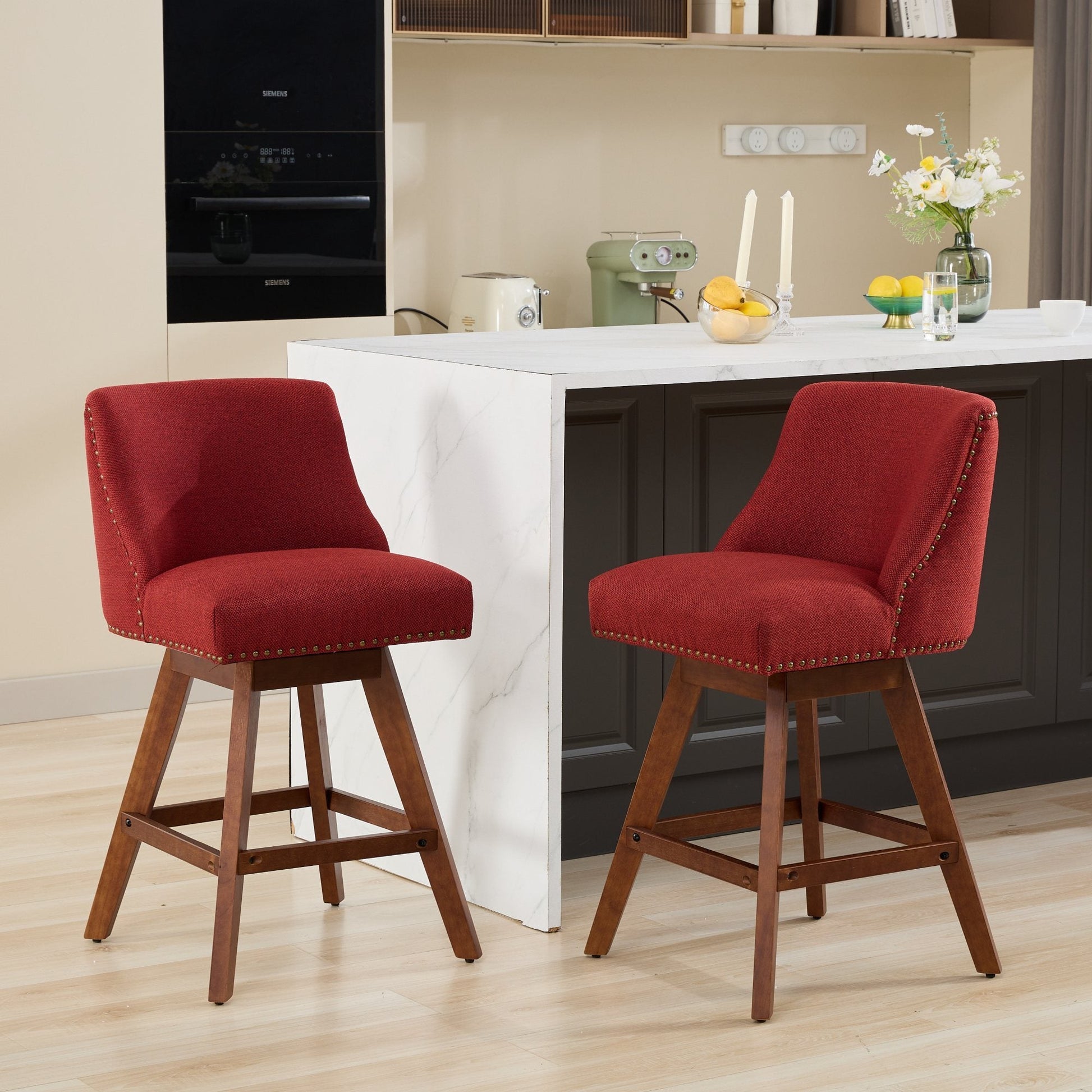 Wine Red Swivel Bar Stools Set of 2 | 26” Upholstered Counter Height Chairs - 1st Choice Furniture Direct