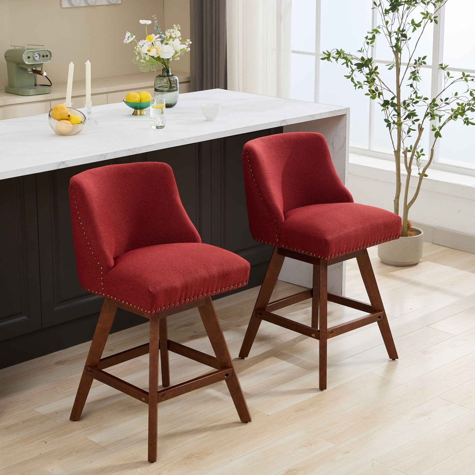 Wine Red Swivel Bar Stools Set of 2 | 26” Upholstered Counter Height Chairs - 1st Choice Furniture Direct