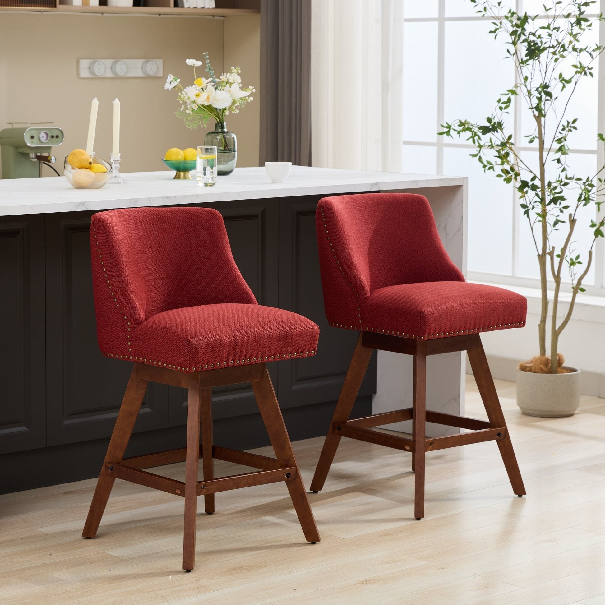 Wine Red Swivel Bar Stools Set of 2 | 26” Upholstered Counter Height Chairs - 1st Choice Furniture Direct