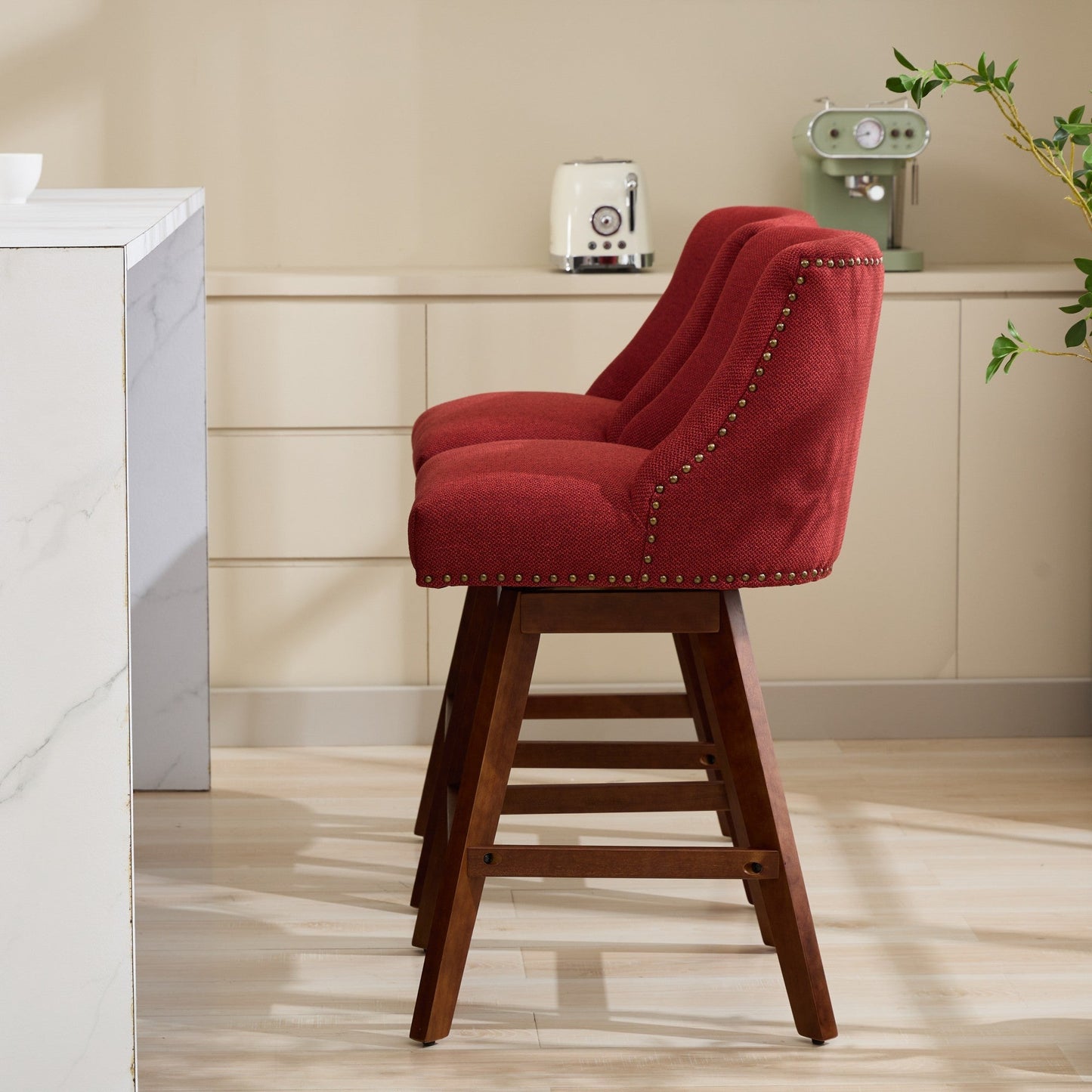 Wine Red Swivel Bar Stools Set of 2 | 26” Upholstered Counter Height Chairs - 1st Choice Furniture Direct