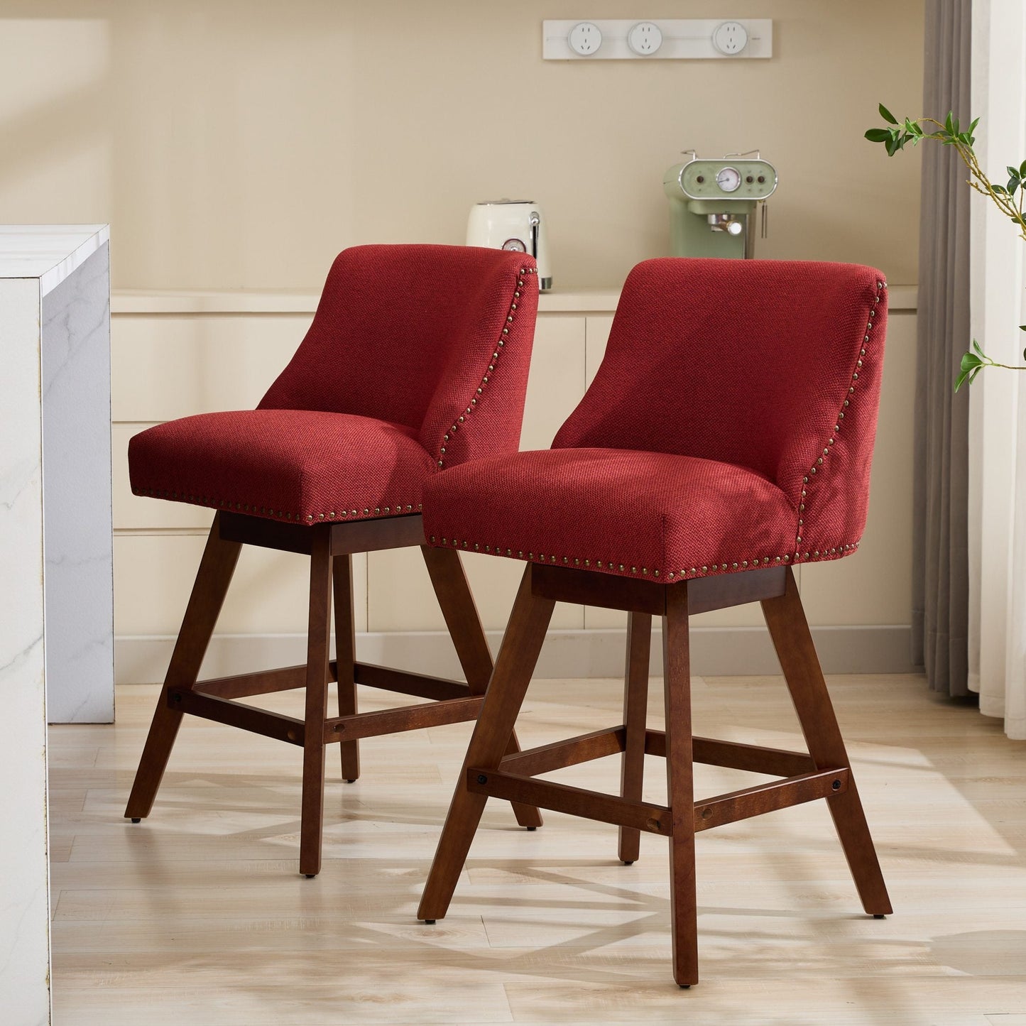 Wine Red Swivel Bar Stools Set of 2 | 26” Upholstered Counter Height Chairs - 1st Choice Furniture Direct