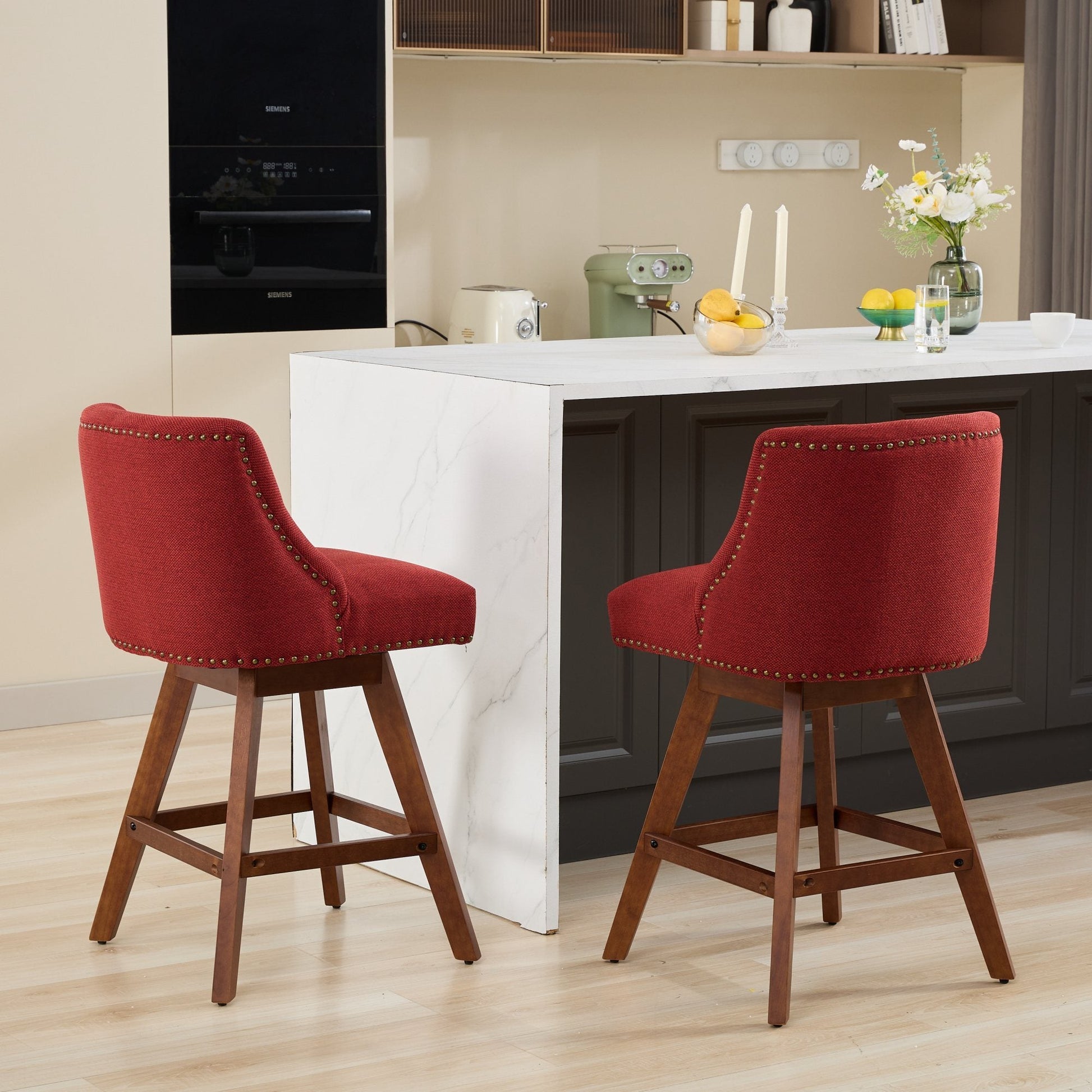Wine Red Swivel Bar Stools Set of 2 | 26” Upholstered Counter Height Chairs - 1st Choice Furniture Direct