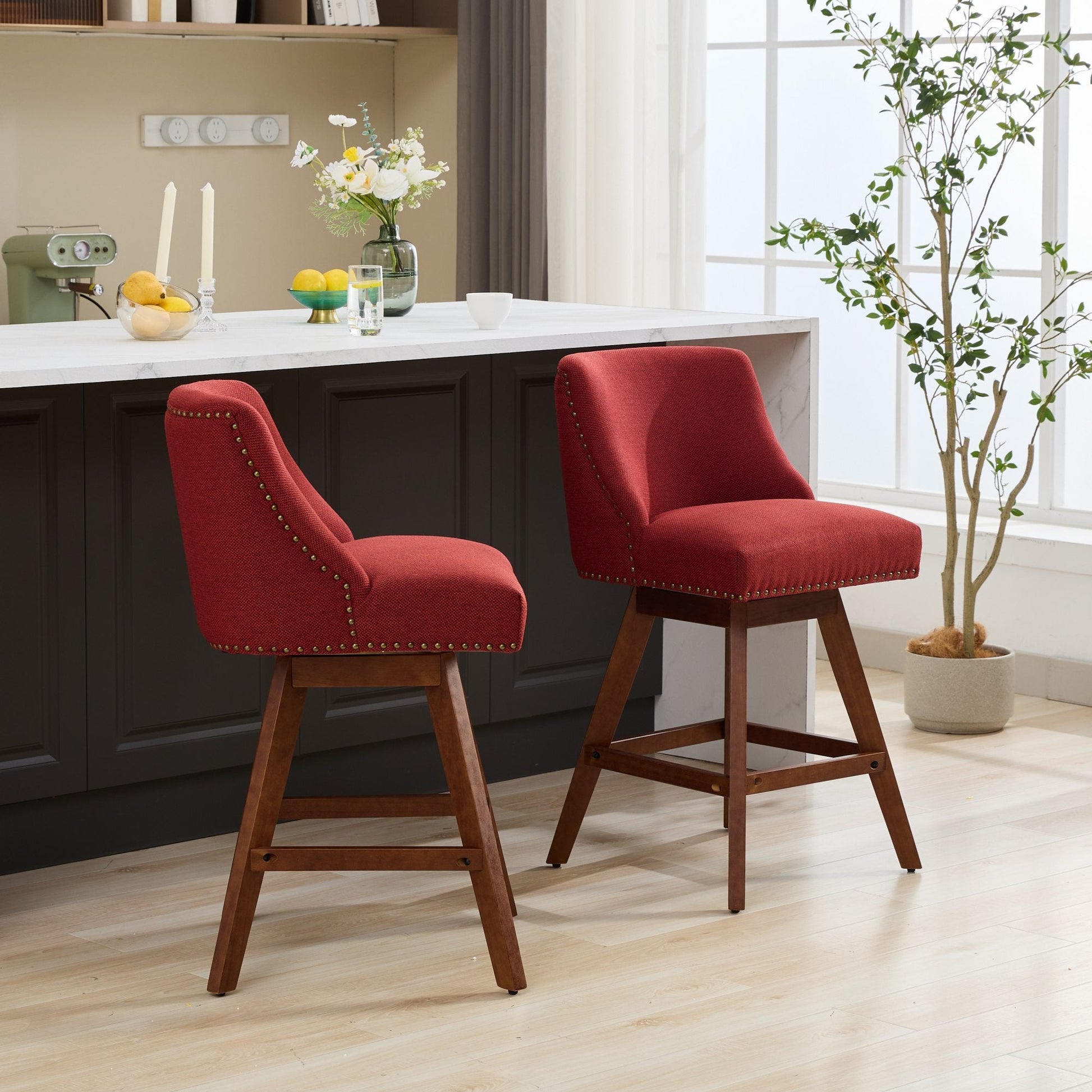 Wine Red Swivel Bar Stools Set of 2 | 26” Upholstered Counter Height Chairs - 1st Choice Furniture Direct